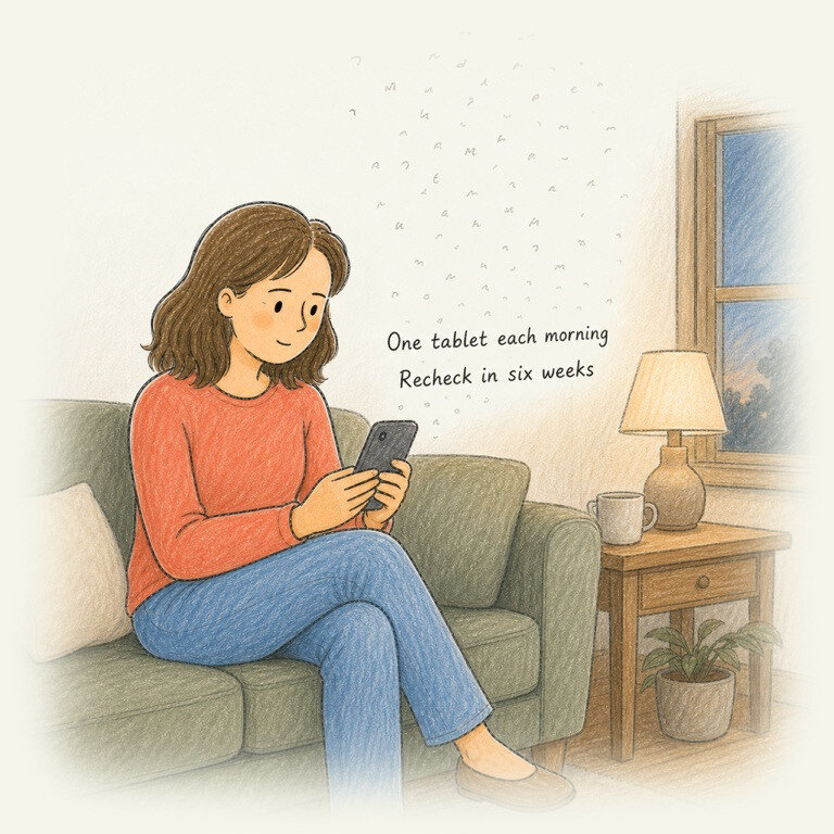 An ink and colored-pencil drawing of a woman at home on her sofa, reading her visit summary on her phone while the doctor's words re-form into legible handwritten lines above it.