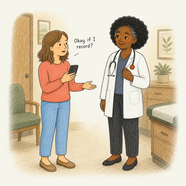 An ink and colored-pencil drawing of a woman asking her doctor's permission to record, holding her phone up slightly while the doctor, still standing, nods; handwritten words above her read: Okay if I record?