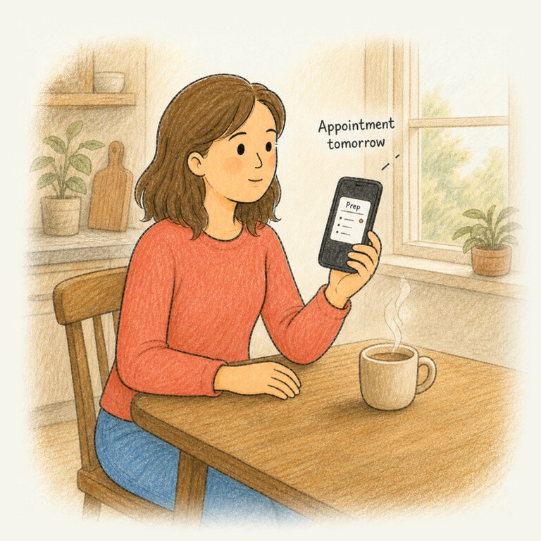 An ink and colored-pencil drawing of a woman at her kitchen table with coffee, reading a prep card on her phone; a handwritten notification above it reads: Appointment tomorrow.
