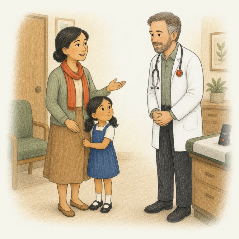 An ink and colored-pencil drawing of a mother and her young daughter talking with their doctor in an exam room, the mother's phone recording from the exam table.