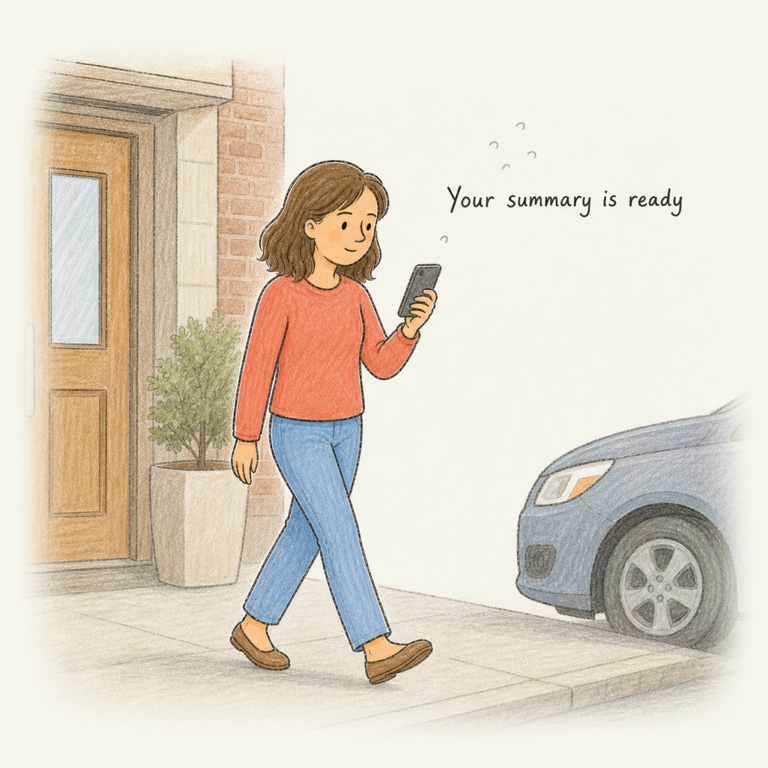 An ink and colored-pencil drawing of a woman walking out of the clinic toward her car, reading a notification on her phone that says her summary is ready.