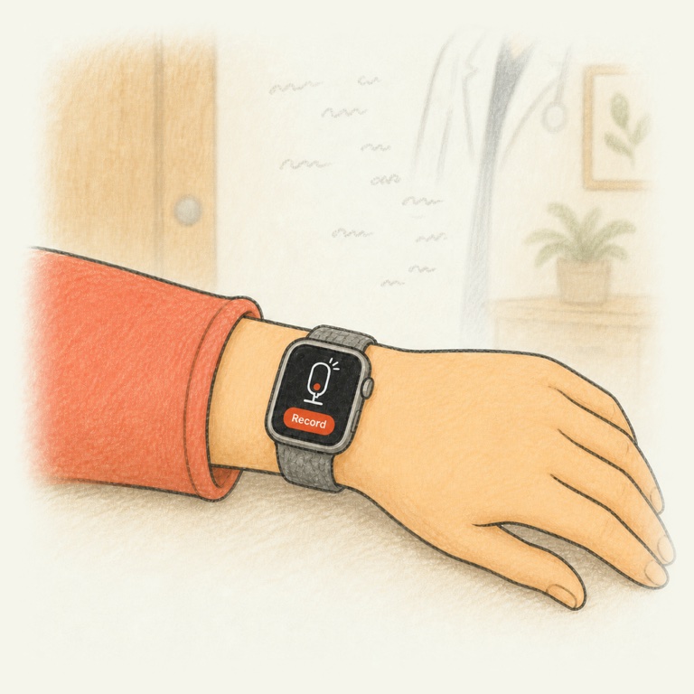 An ink and colored-pencil close-up drawing of a woman's wrist in a coral sleeve, her watch showing the app's record button, the exam room only faintly suggested behind.