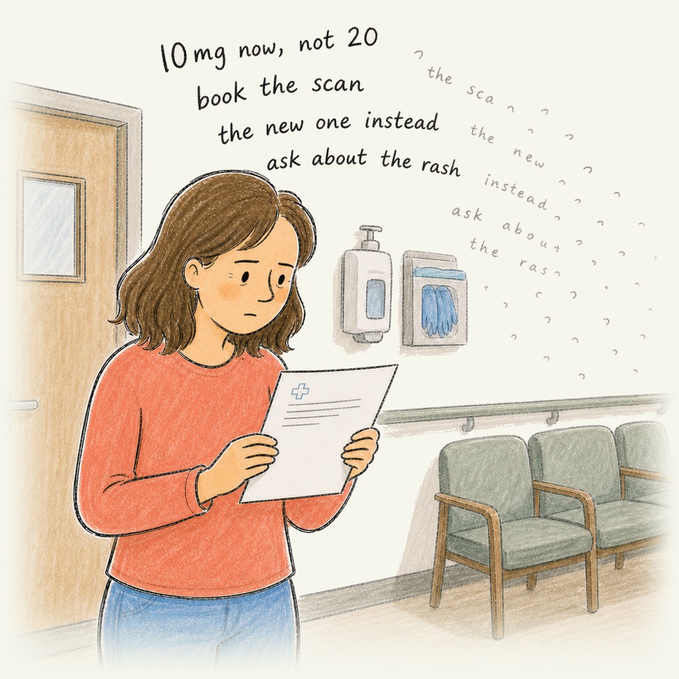 An ink and coloured-pencil drawing of a woman just outside an exam room, reading a printed after-visit summary. Above her, four handwritten instructions are repeated in fainter writing that loses its letters and breaks apart into loose marks.
