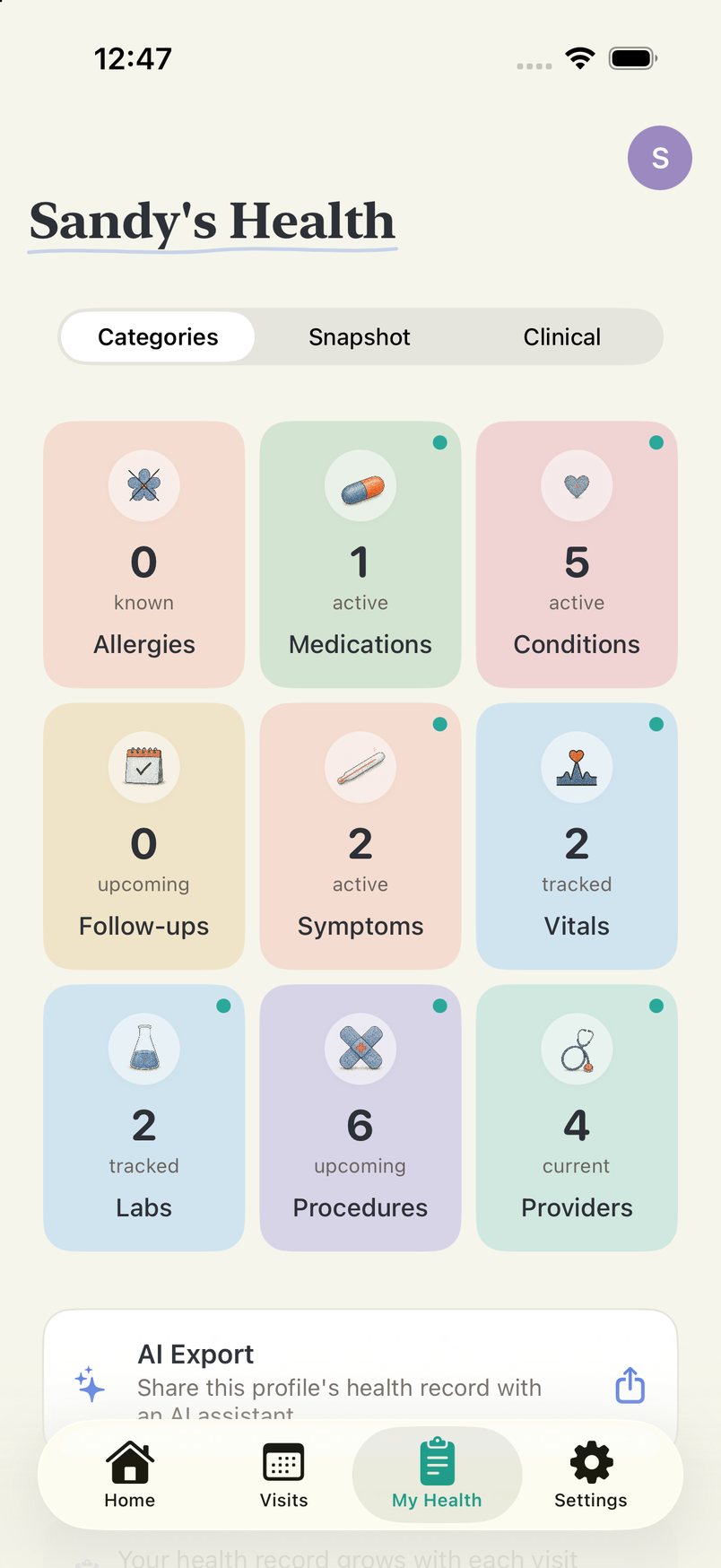 Sandy's Health: nine category tiles with counts for allergies, medications, conditions, follow-ups, symptoms, vitals, labs, procedures, and providers.