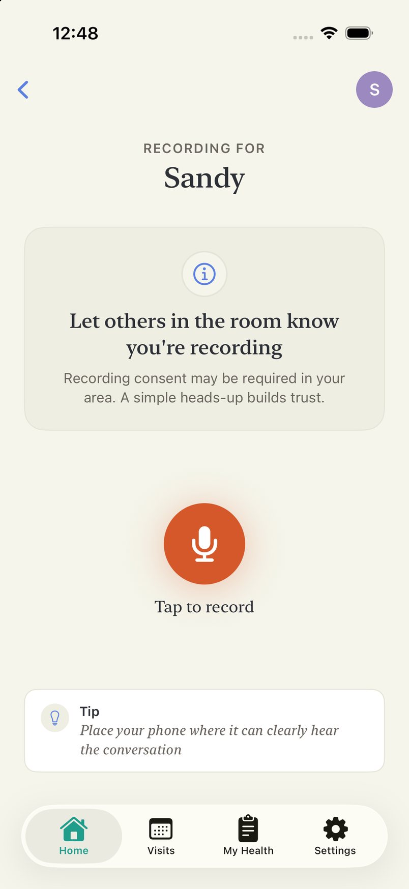 The app's recording screen: Recording for Sandy, a consent reminder, and a Tap to record button.